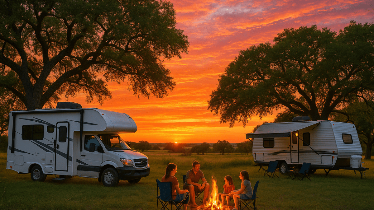 Families gather by sunset RVs