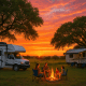 Families gather by sunset RVs