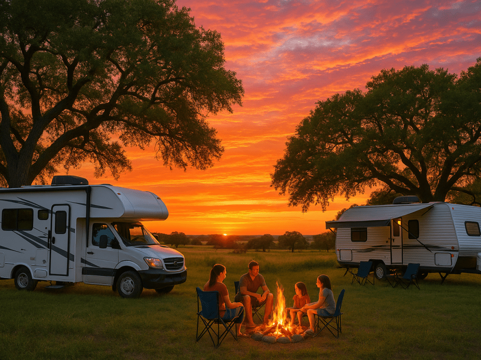 Families gather by sunset RVs