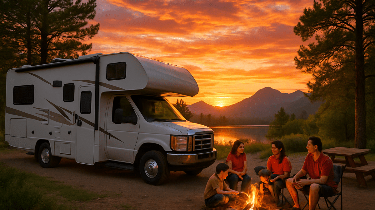 Family RV basking in sunset glow