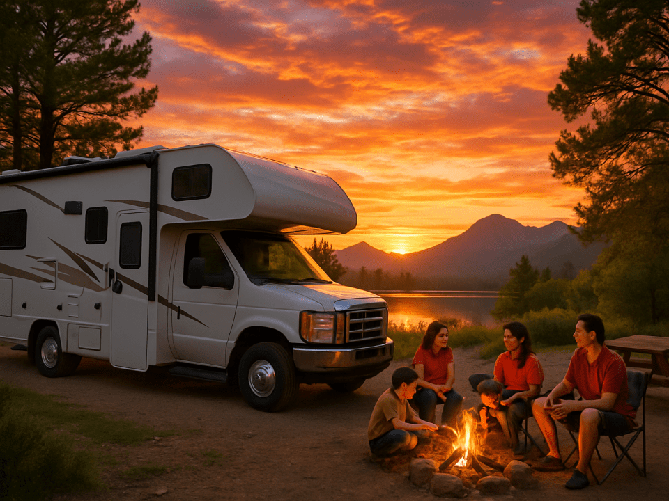 Family RV basking in sunset glow