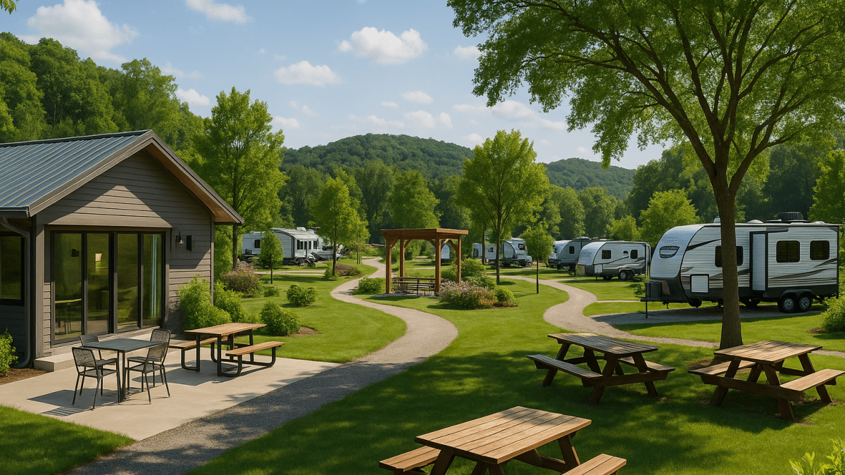 Lush RV park with vibrant community spaces