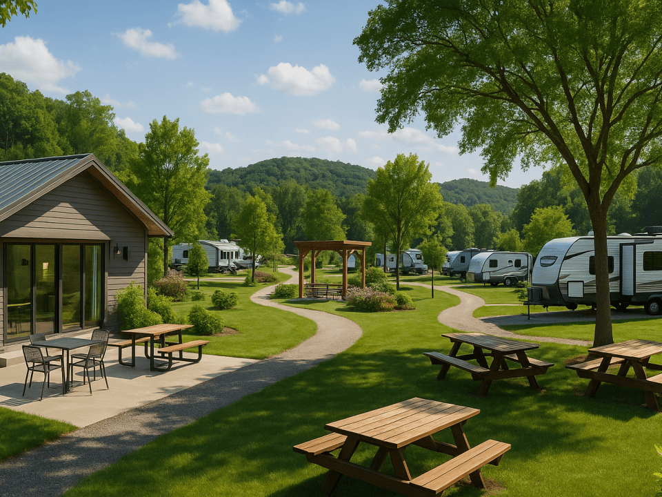 Lush RV park with vibrant community spaces