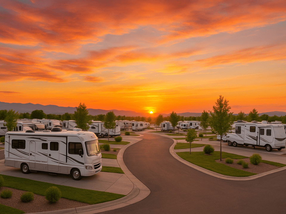 Tranquil sunset over a modern RV park
