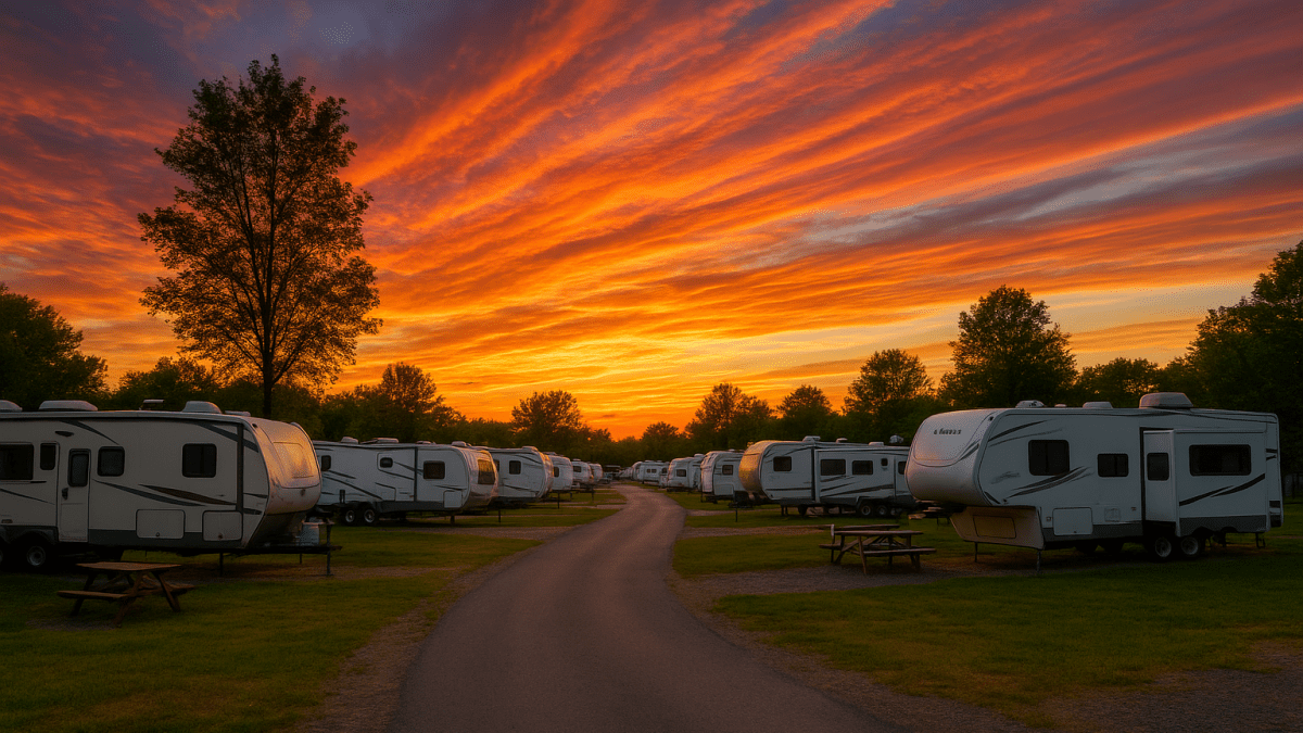 Serene RV park at sunset