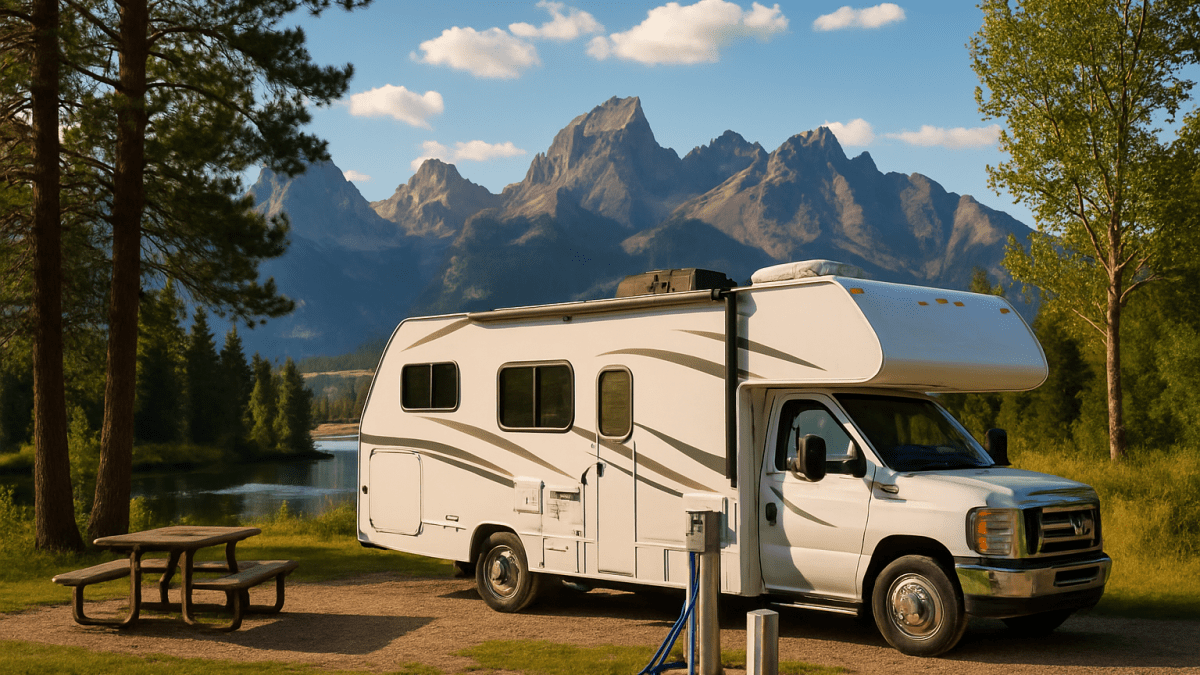 RV nestled in a picturesque campground
