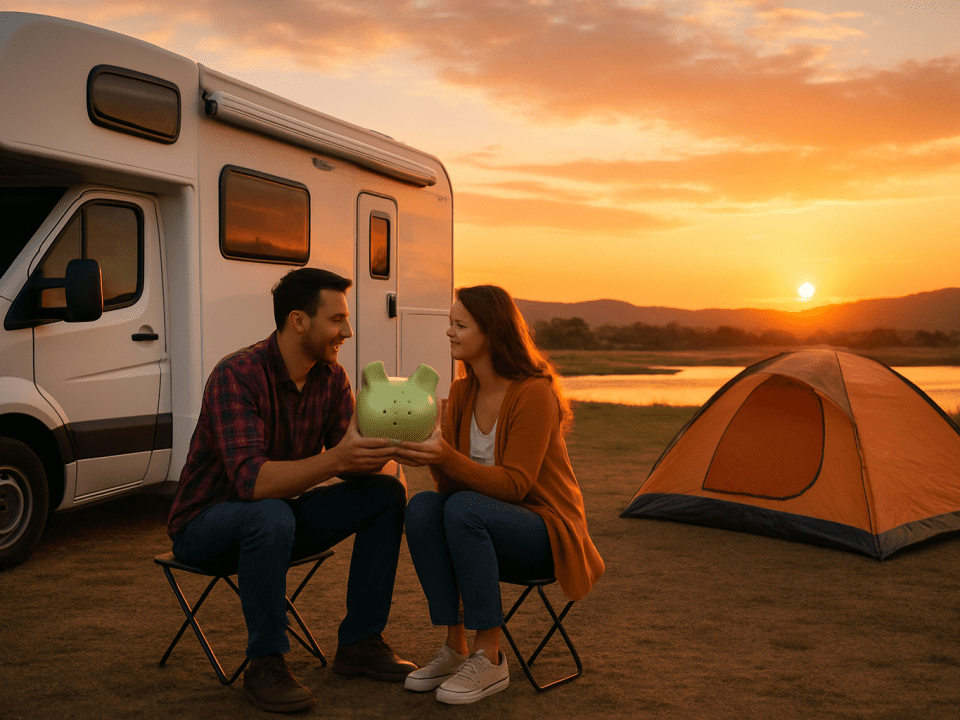Couple enjoying sunset at RV campsite
