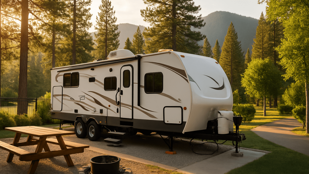 RV nestled in tranquil campground oasis