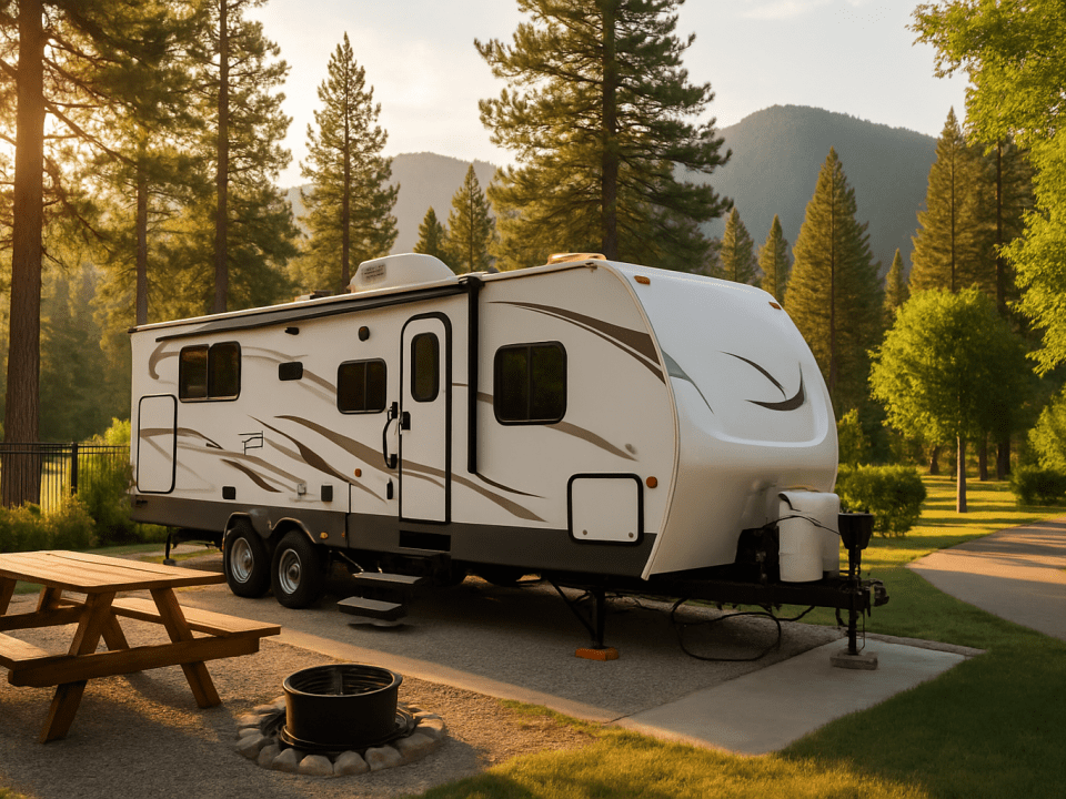 RV nestled in tranquil campground oasis