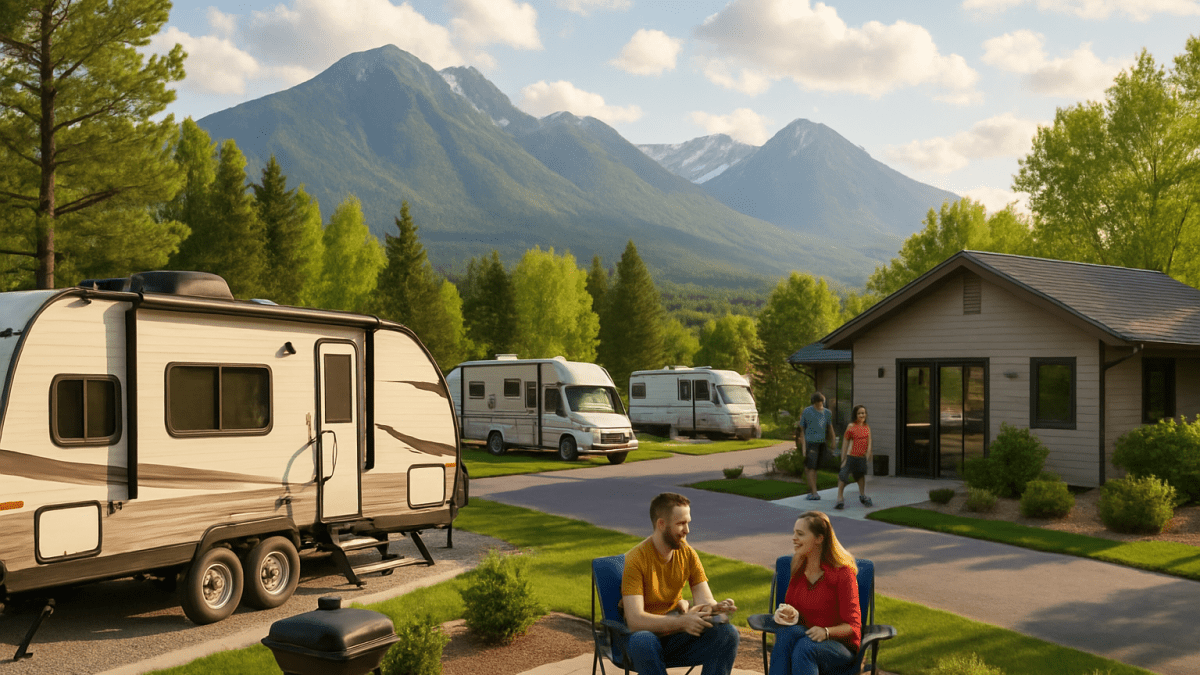 Idyllic RV park with joyful travelers