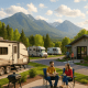 Idyllic RV park with joyful travelers