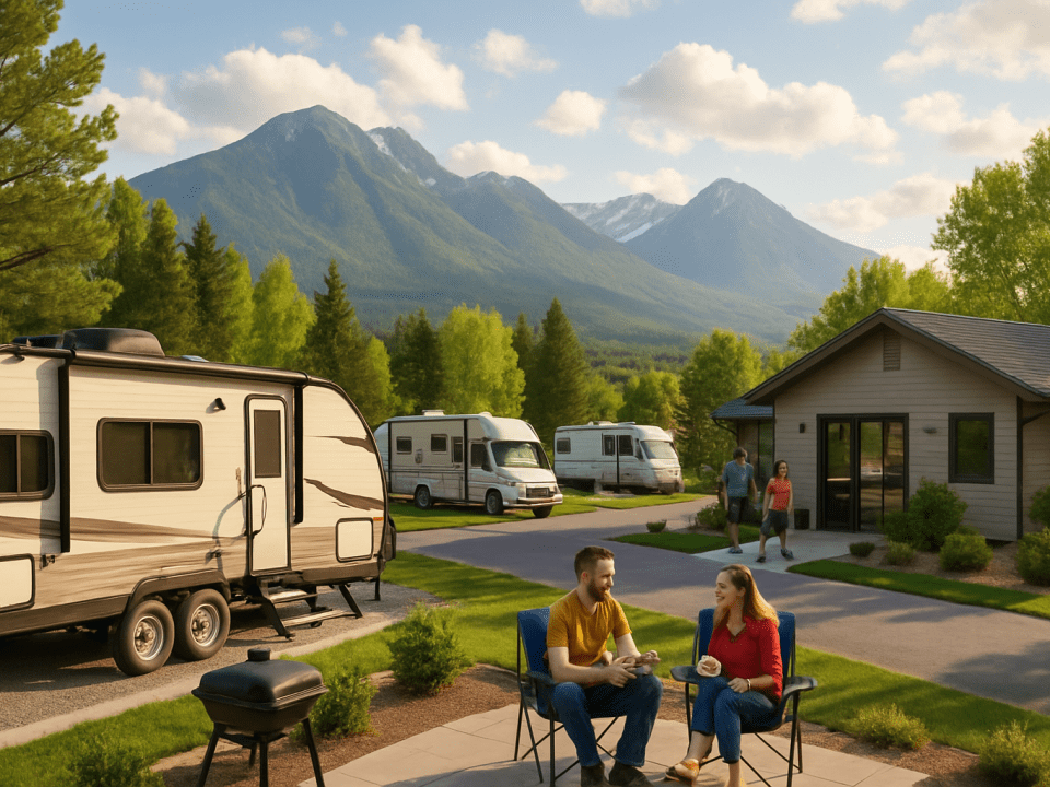 Idyllic RV park with joyful travelers