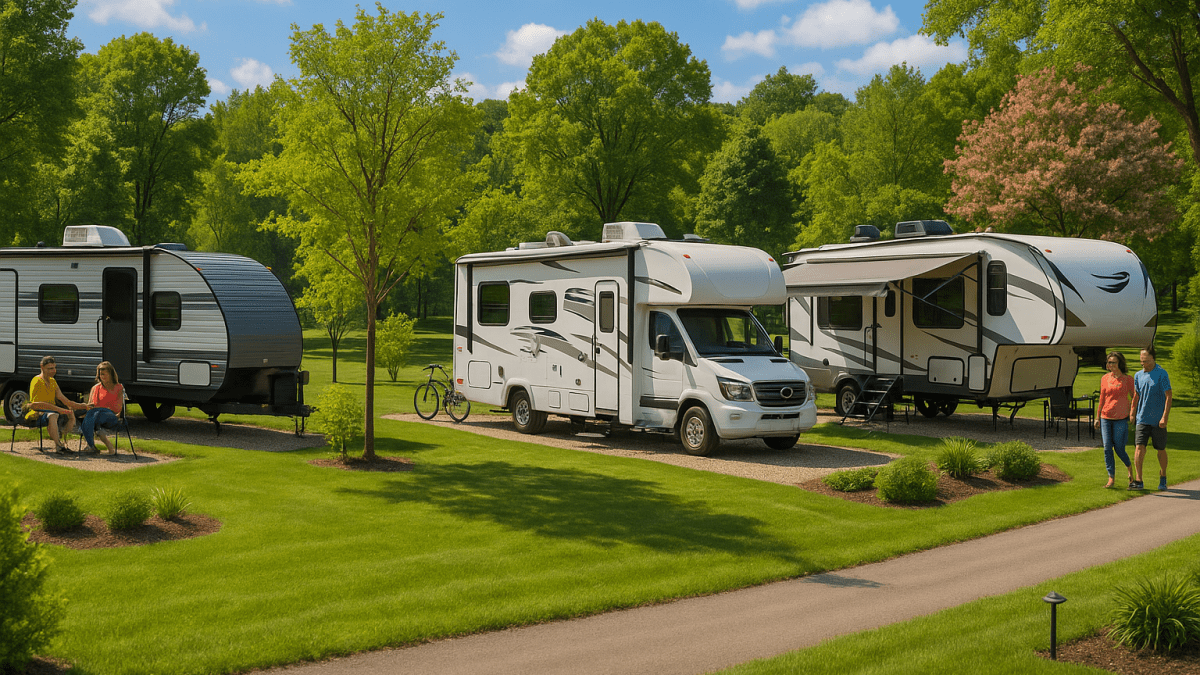 Lush RV park with joyful travelers
