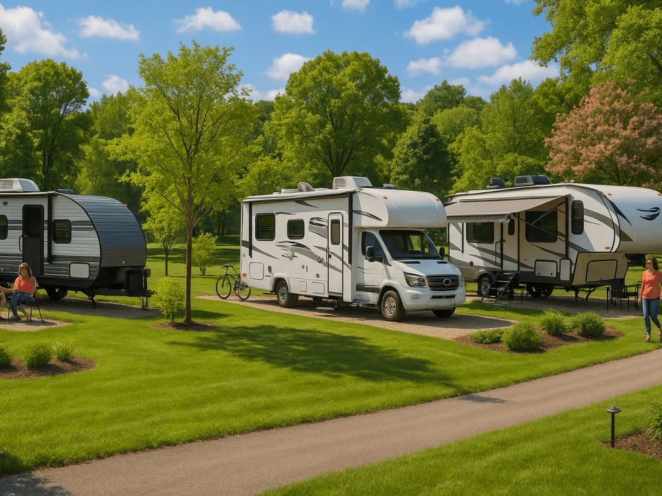 Lush RV park with joyful travelers
